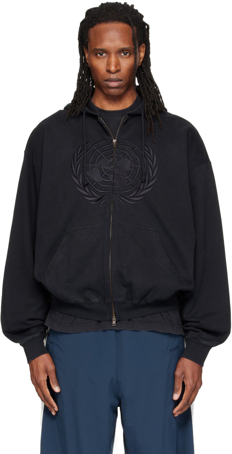 Black Embroidered Zip Up Hoodie 262669M202019