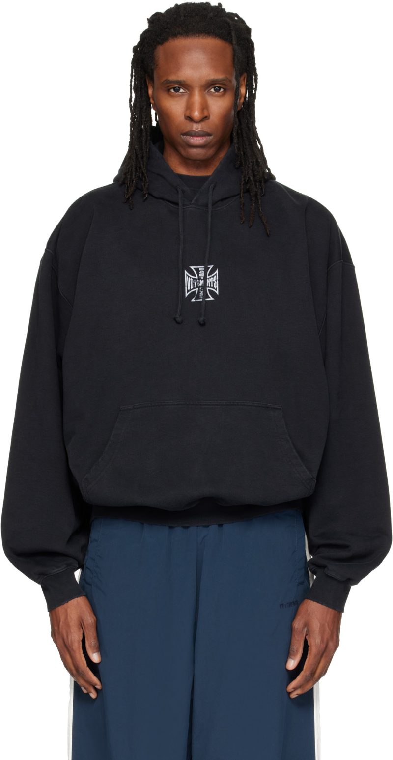 Black Biker Cross Logo Oversized Hoodie 262669M202015