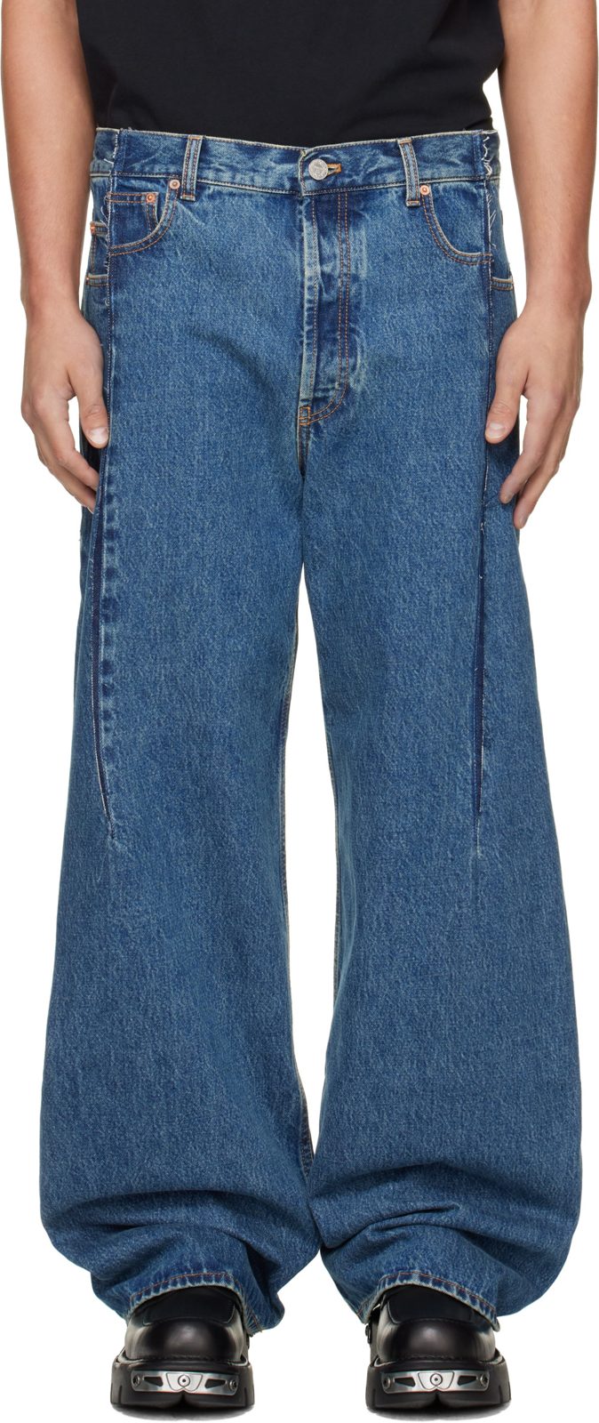 Blue Pinched Cut-Up Jeans 262669M186002