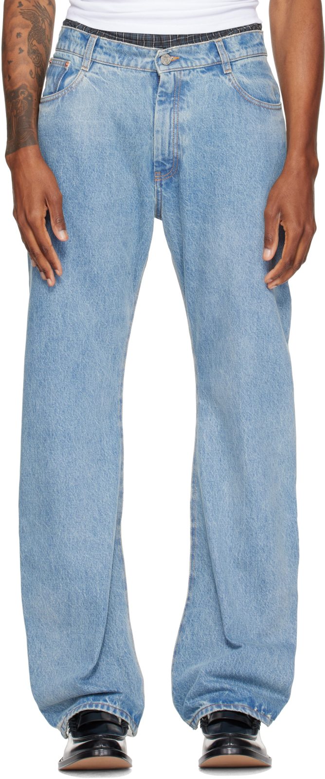 Blue & Transparent Back O-Leg Jeans 262669M186007