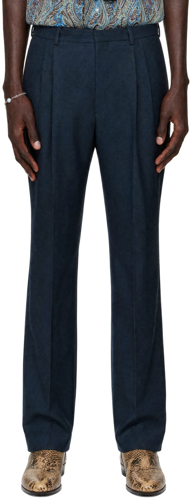 Navy Pleated Wool Trousers 262358M191018