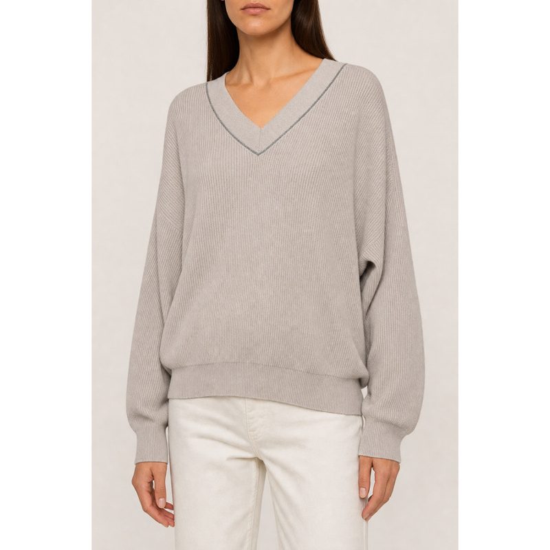 Brunello Cucinelli Womens 100% Cotton Monili Bead V Neck Sweater Nwt_Grey