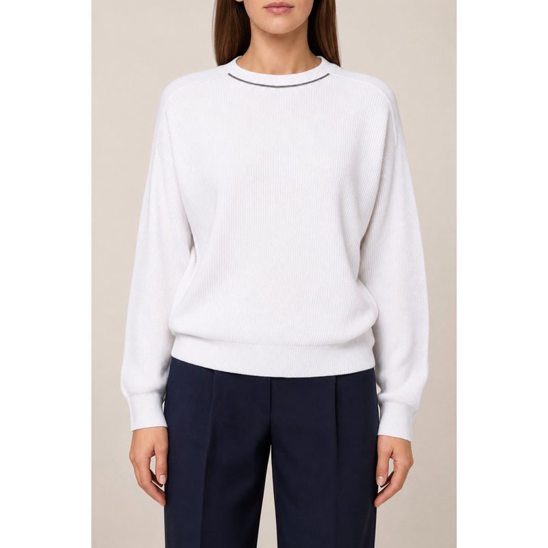 Brunello Cucinelli Womens 100% Cotton Crew Neck Monili Bead Sweater Nwt_White