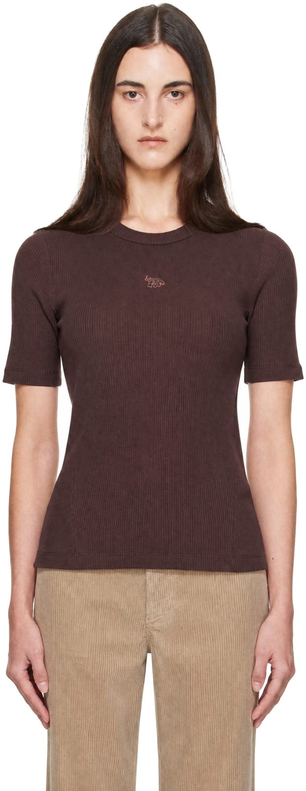 Maison Kitsune Brown Ribbed Baby Fox Fitted T-shirt 262389F110015