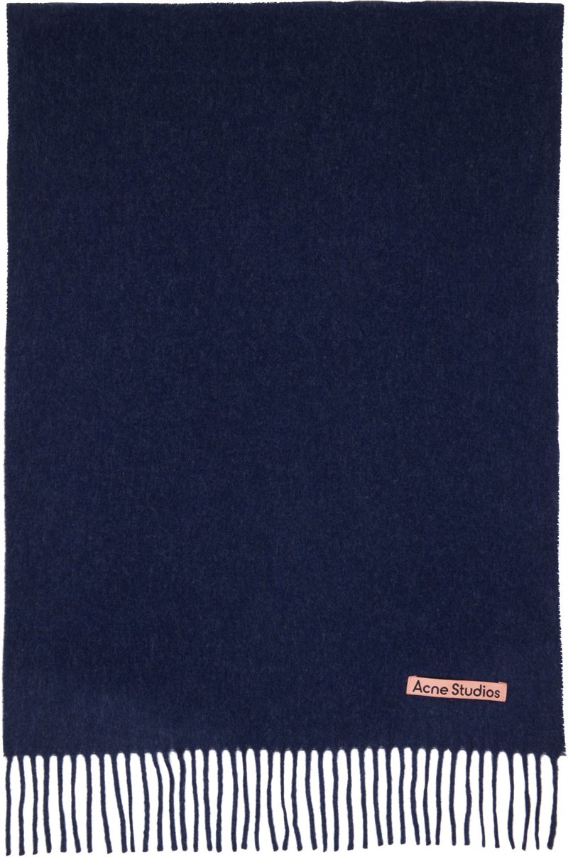 Navy Fringe Wool Narrow Scarf 262129M150020