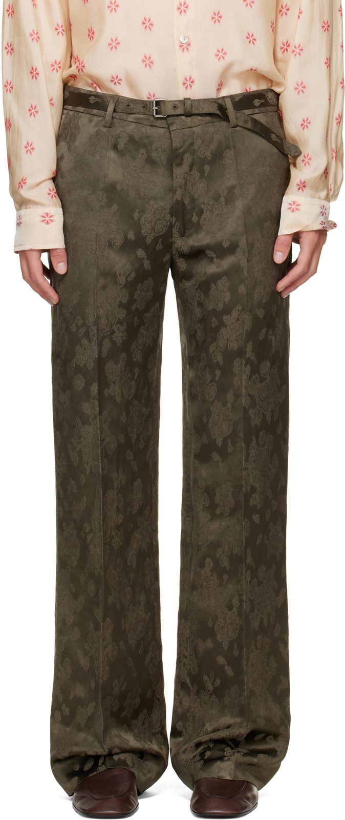 Khaki Belted Floral Jacquard Trousers 262358M191039