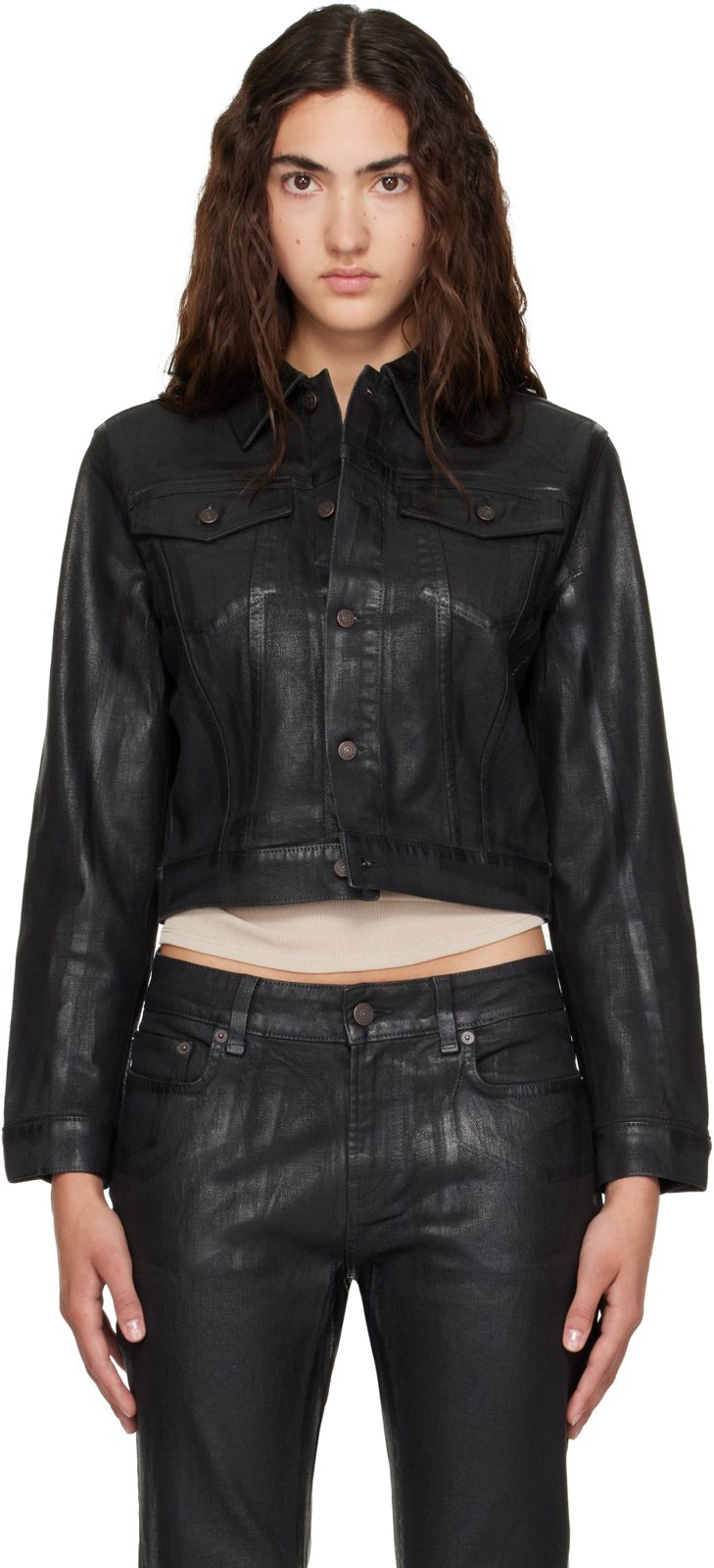 Black Fitted Denim Jacket 262129F060003