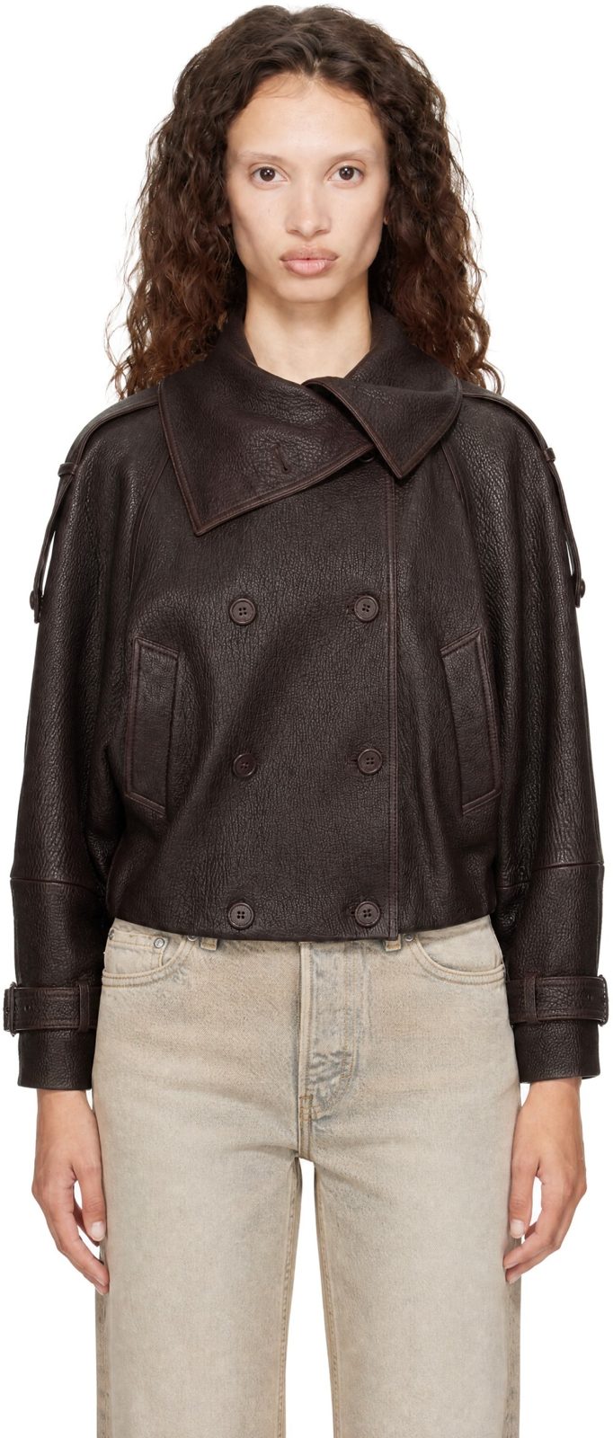 Brown Cropped Leather Jacket 262129F064006
