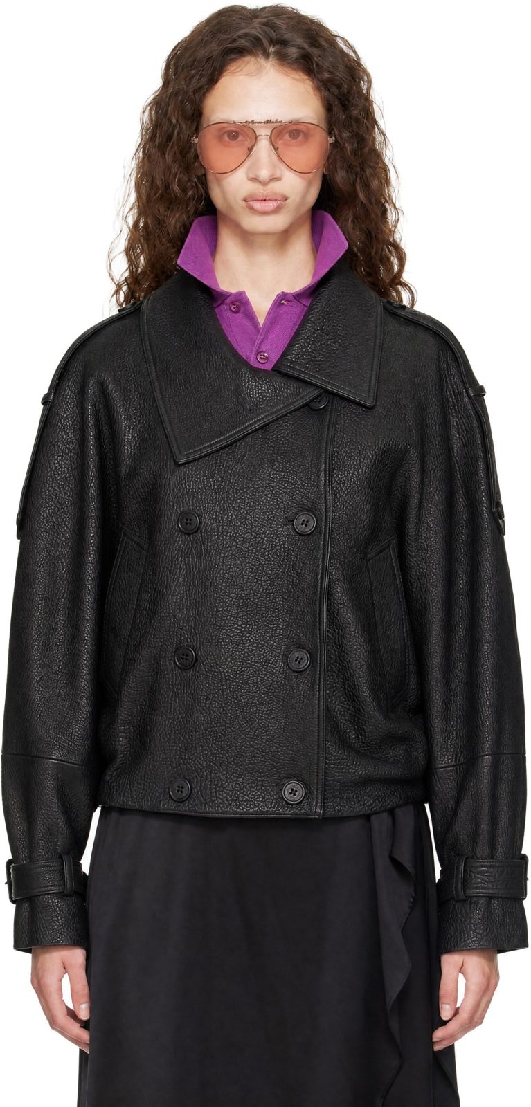 Black Cropped Leather Jacket 262129F064007