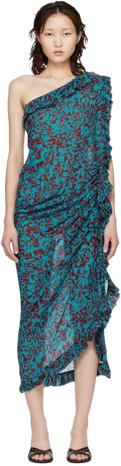 Blue & Burgundy Graphic Midi Dress 261358F054004