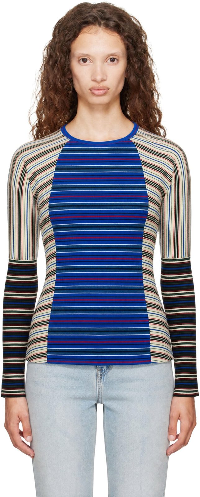 Blue Ribbed Cotton Top 262358F110001