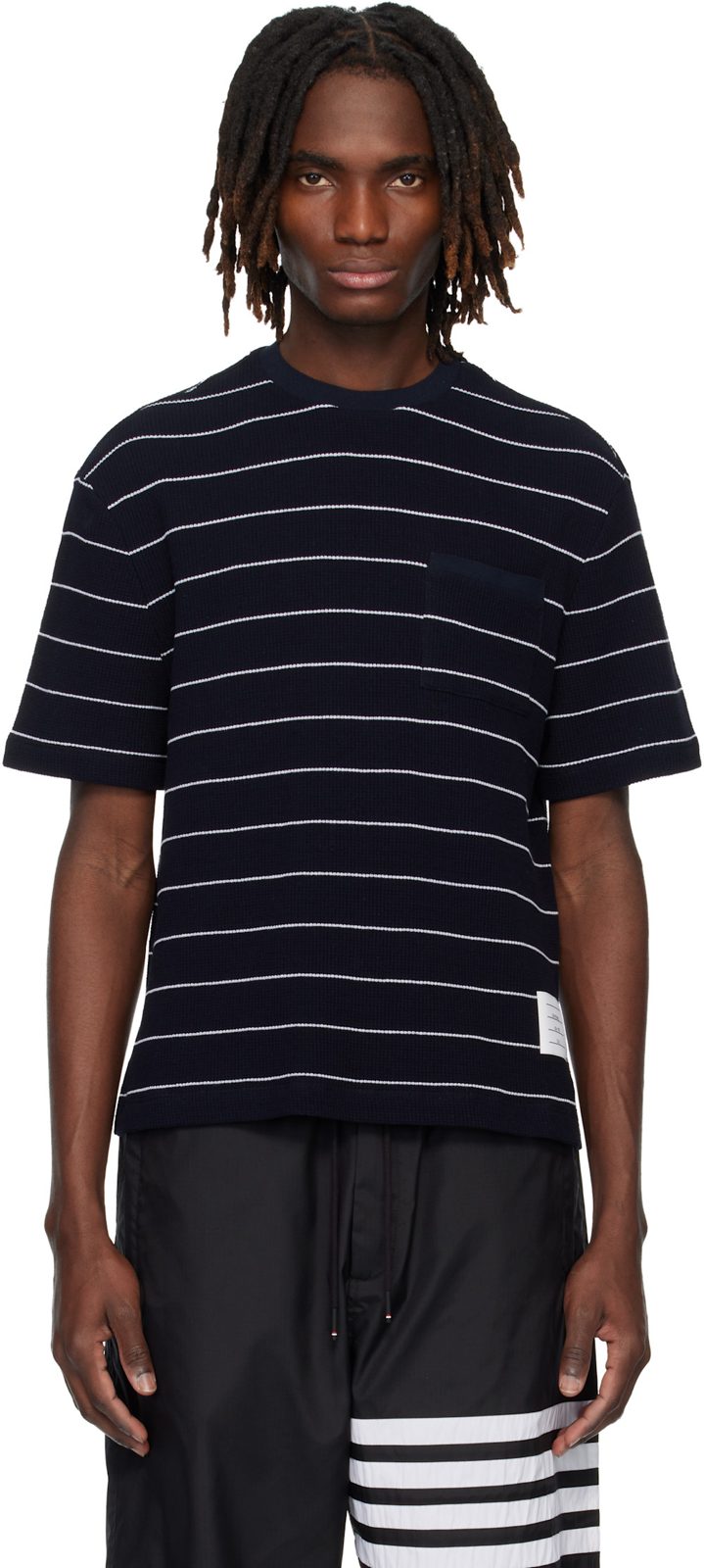 Navy Textured Stripe Waffle T-shirt 261381M213012