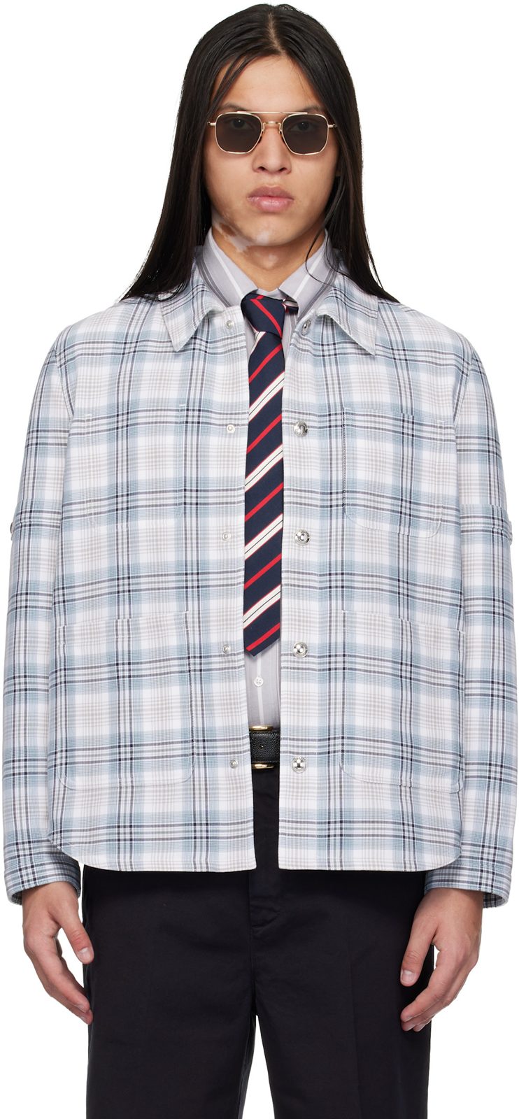 Gray Windowpane Plaid Armband Utility Jacket 261381M180002