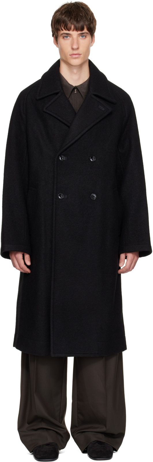 Black Double-Breasted Wool & Alpaca Coat 262646M176005