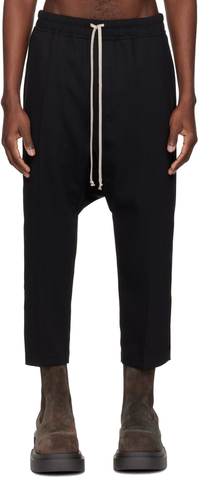 Black Temple Drawstring Cropped Trousers 261232M191041