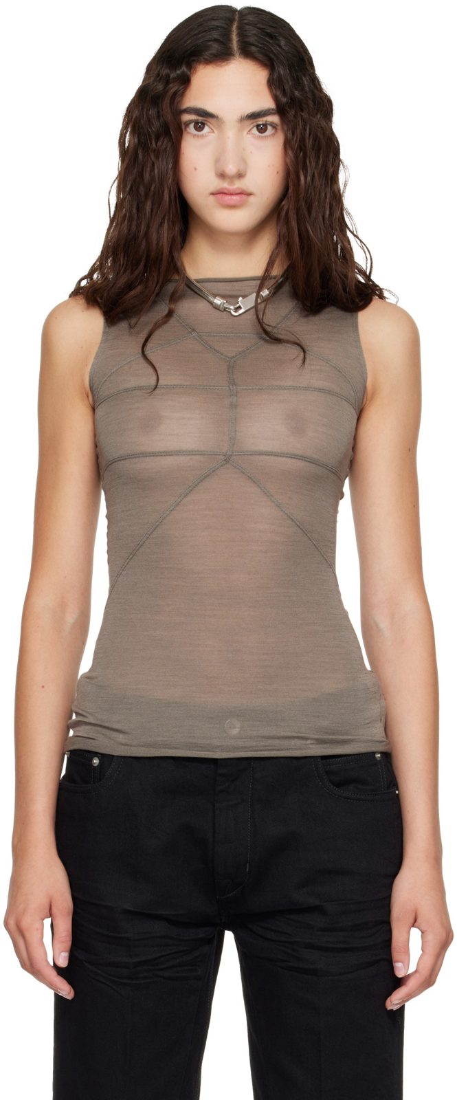 Taupe Tower Sleeveless Temple T Top 262232F111027
