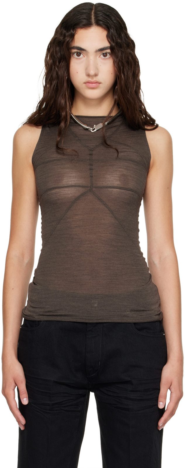 Brown Tower Sleeveless Temple T Top 262232F111026
