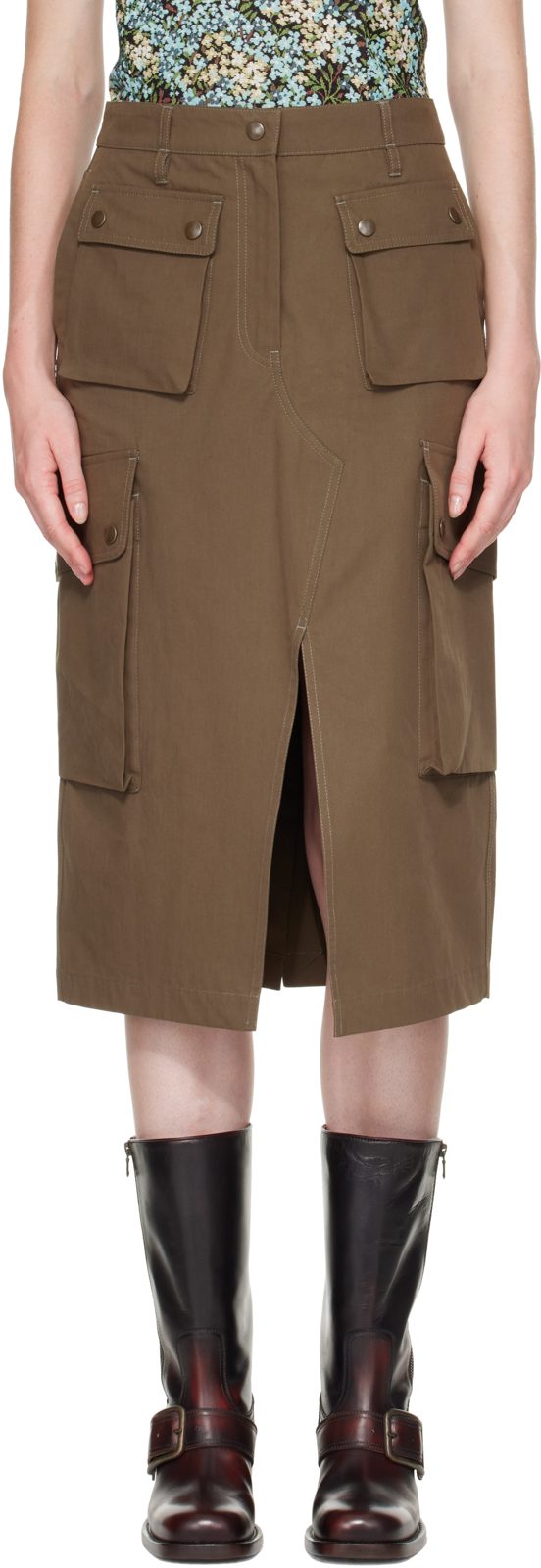 Khaki Cotton Poplin Cargo Midi Skirt 262358F092024