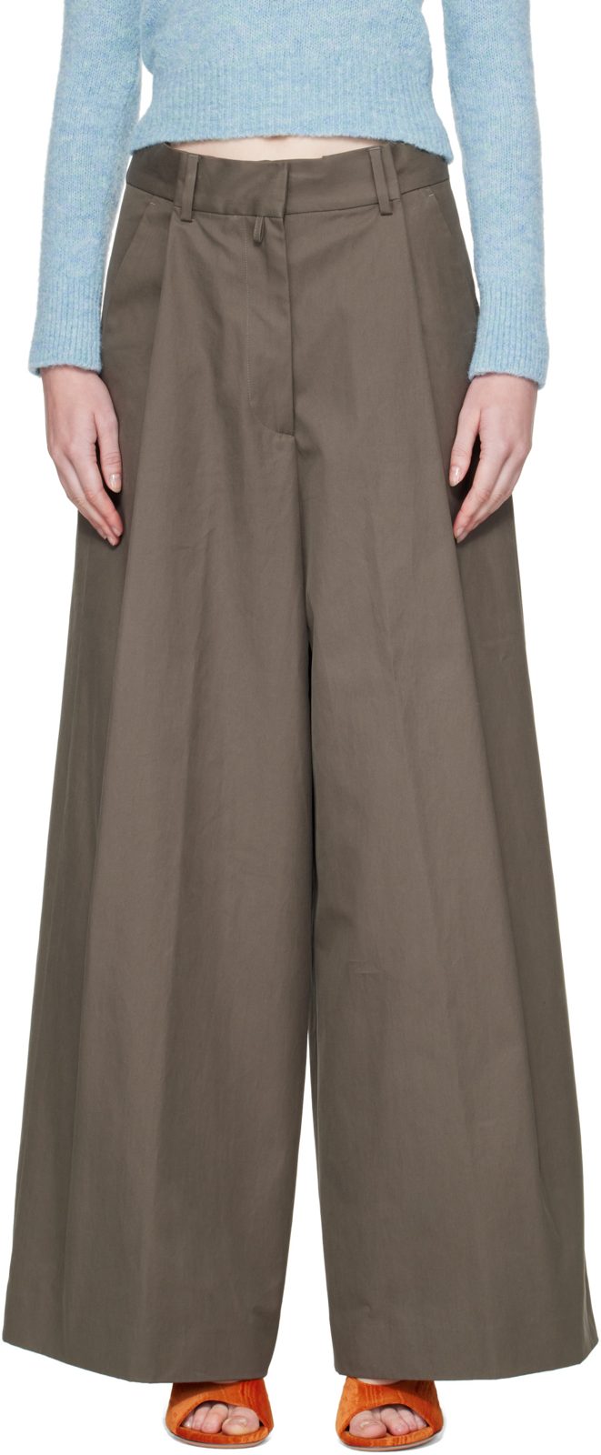 Khaki Wide Pleated Cotton Trousers 262358F087019