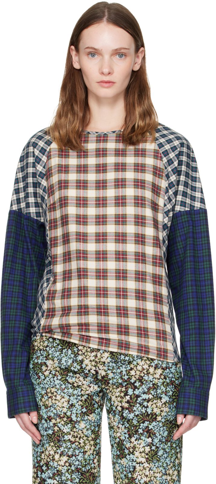Multicolor Contrast Cotton Flannel Top 262358F109005