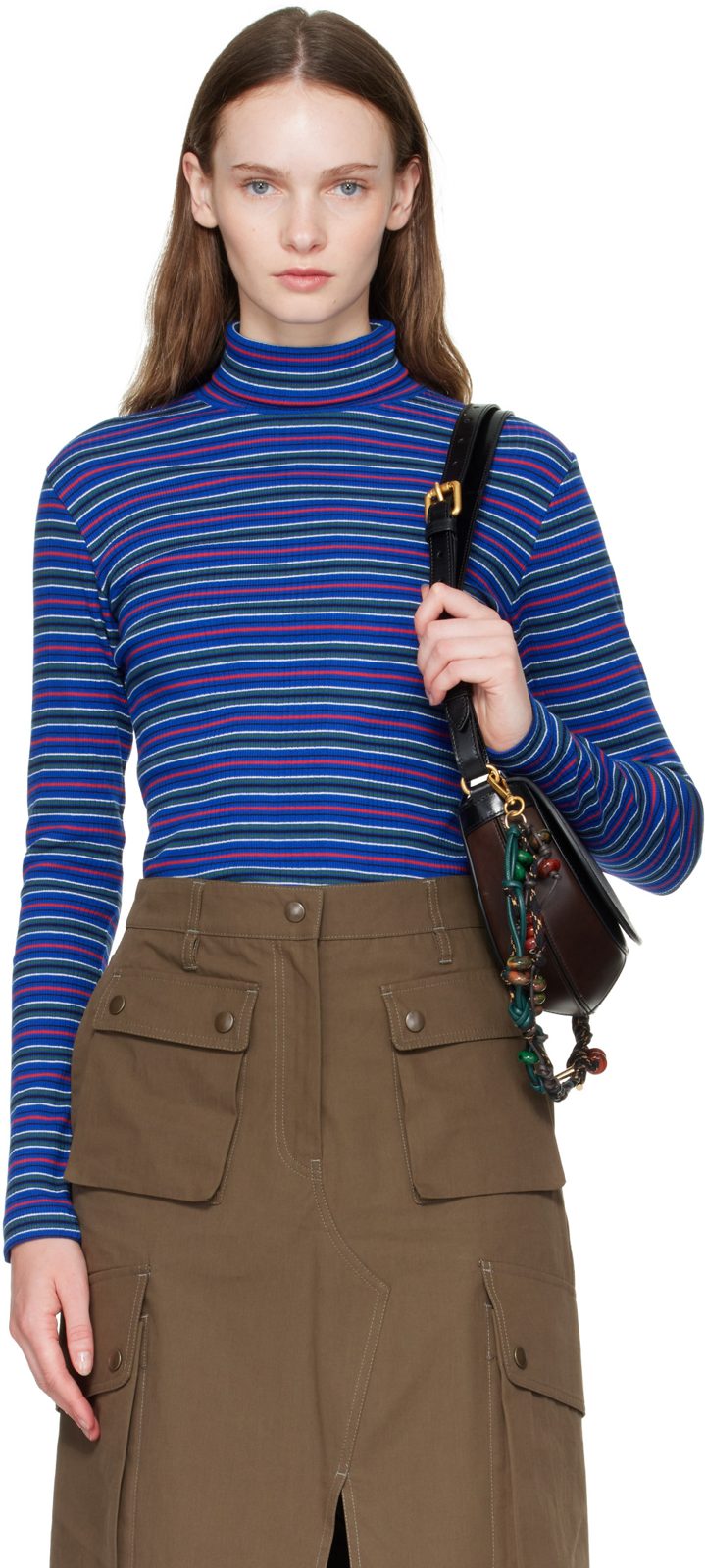 Blue Ribbed Cotton Turtleneck 262358F099003
