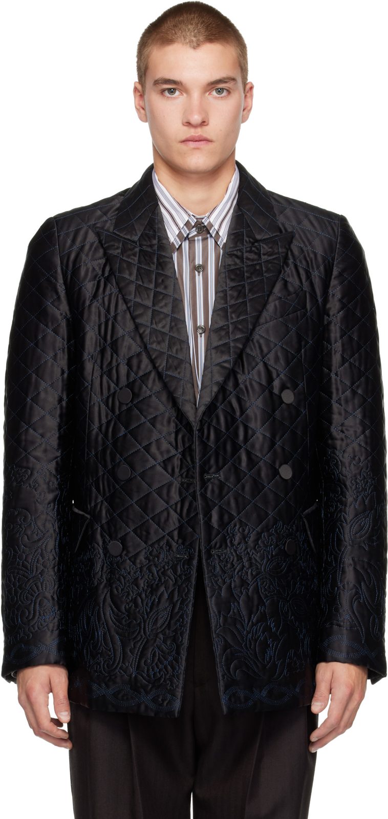 SSENSE Exclusive Black Quilted Silk Blazer 262358M195018