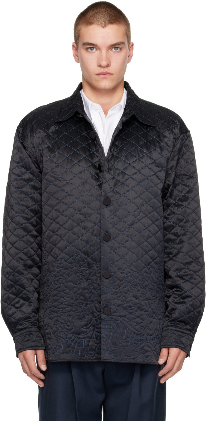 SSENSE Exclusive Black Quilted Silk Jacket 262358M192092