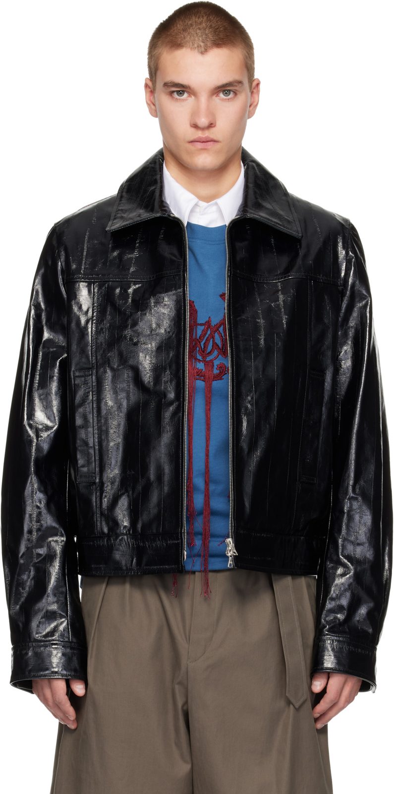 Black Polished Leather Jacket 262358M181001