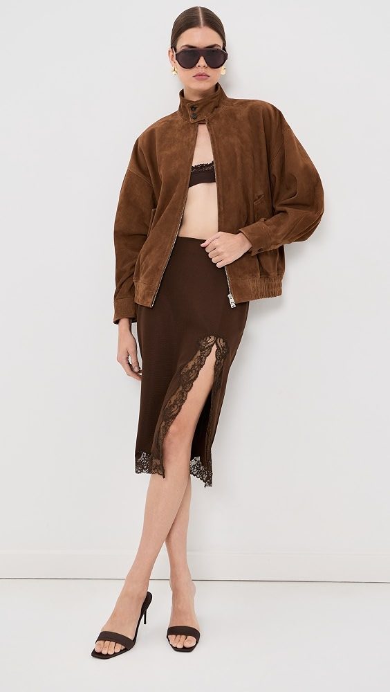 Knit Knee Length Skirt With Lace Trim_Chataigne