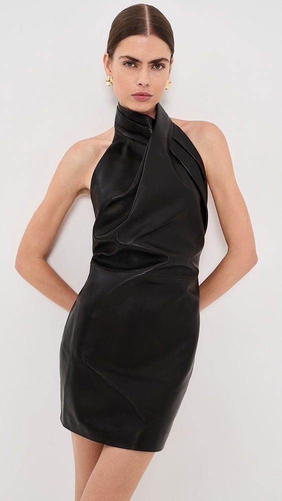 Halter Neck Lambskin Draped Short Dress_0Pa Noir