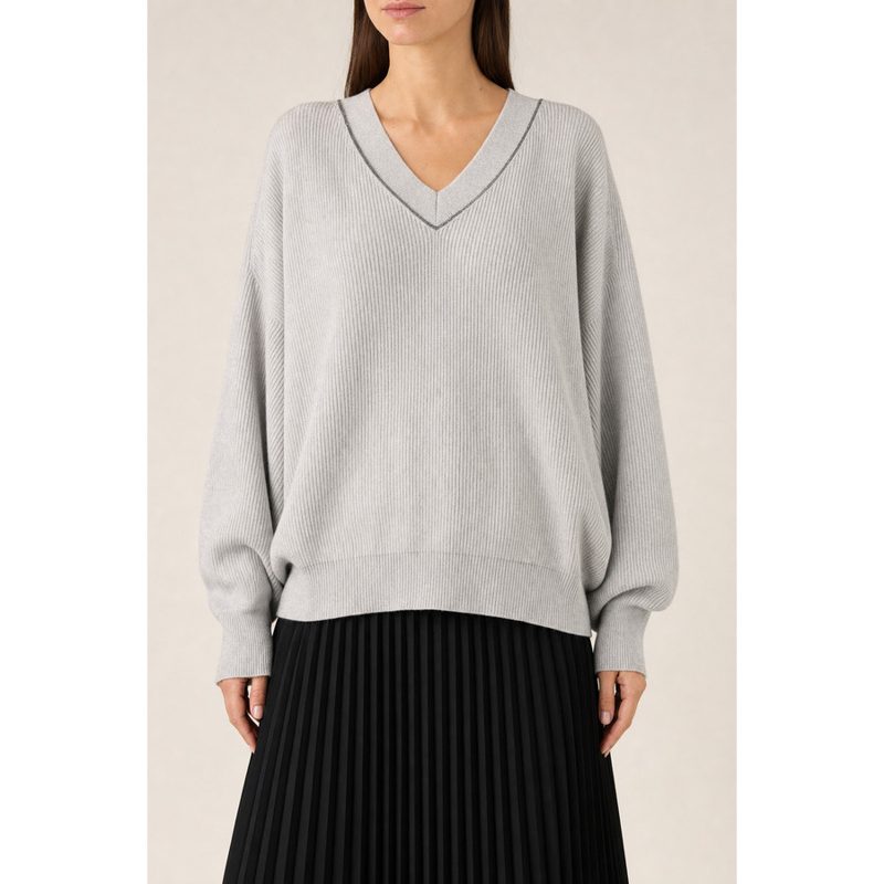 Brunello Cucinelli Womens Nebbia Cotton V Neck Sweater_Grey