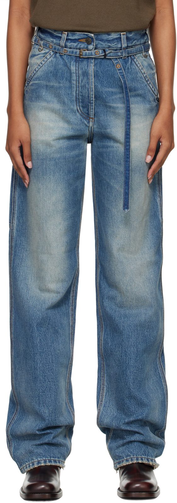 Blue Belted Wide-Leg Jeans 262358F069003