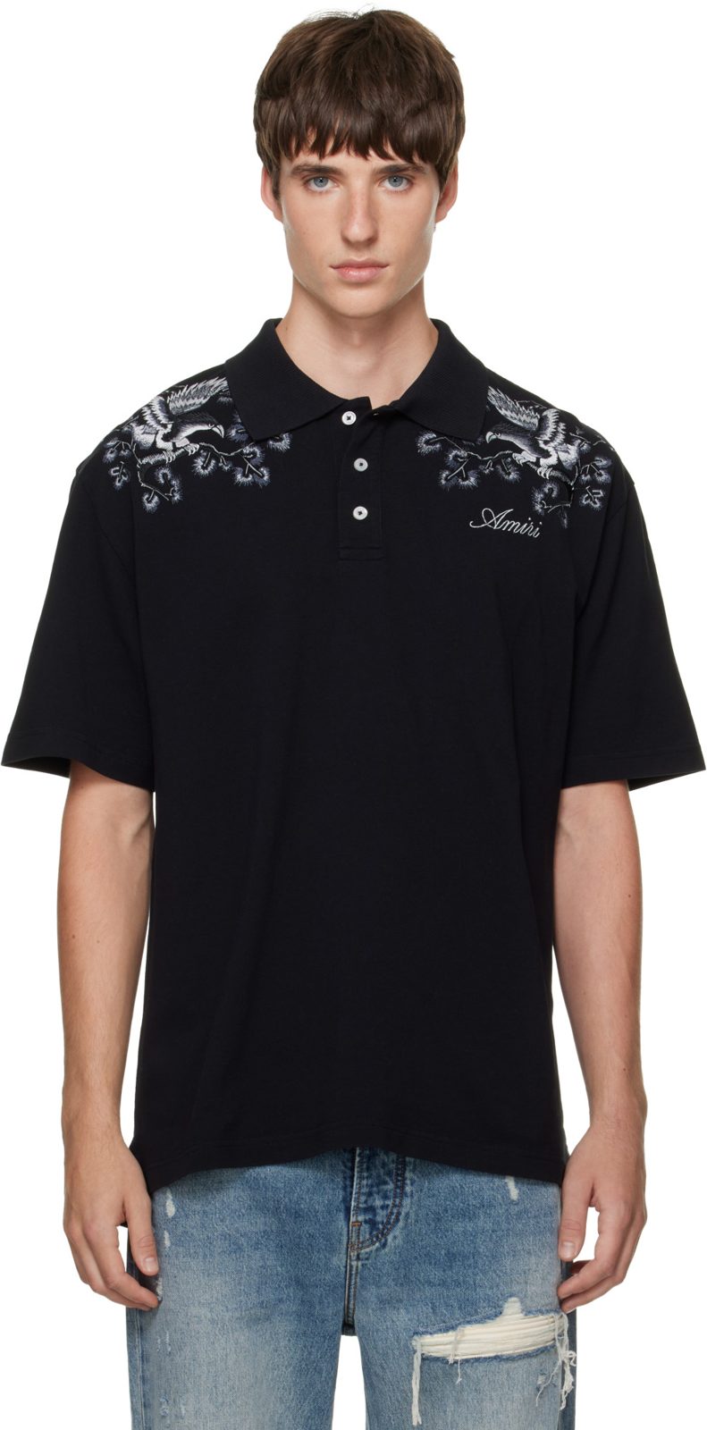 Black Floral Embroidered Polo 262886M212010