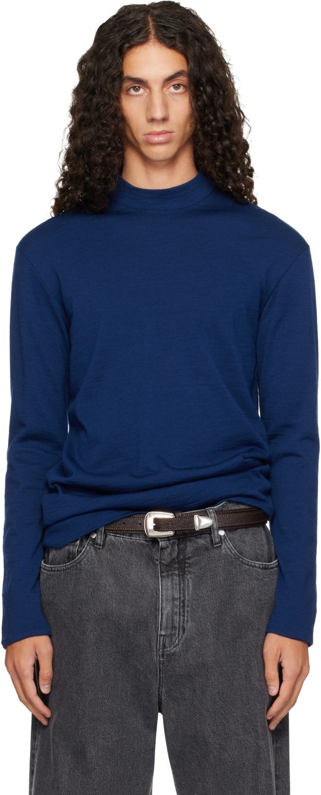 Blue Mock Neck LS T-shirt 262249M213028