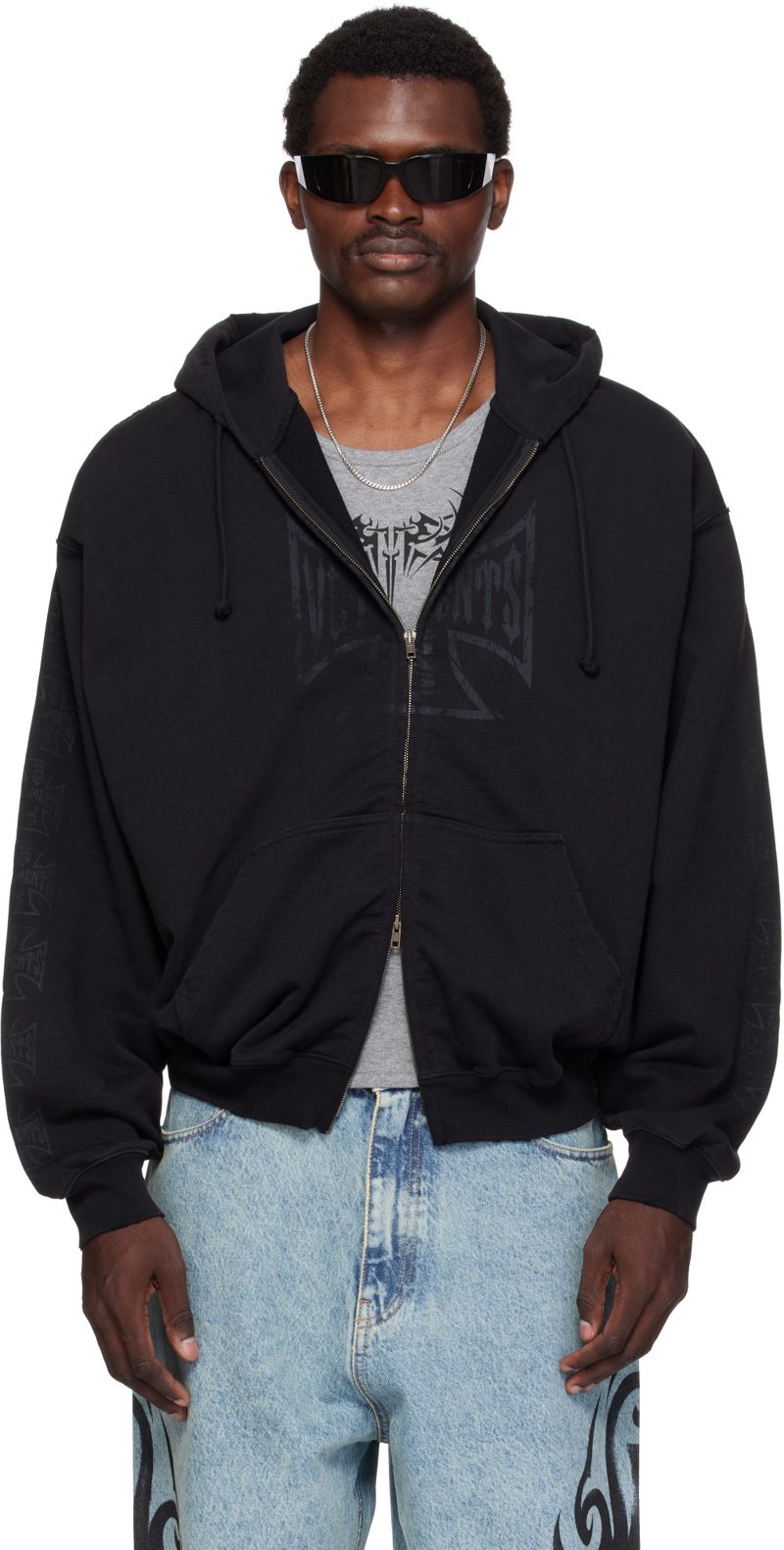 Black Big Biker Cross Zip-Up Hoodie 262669M202012