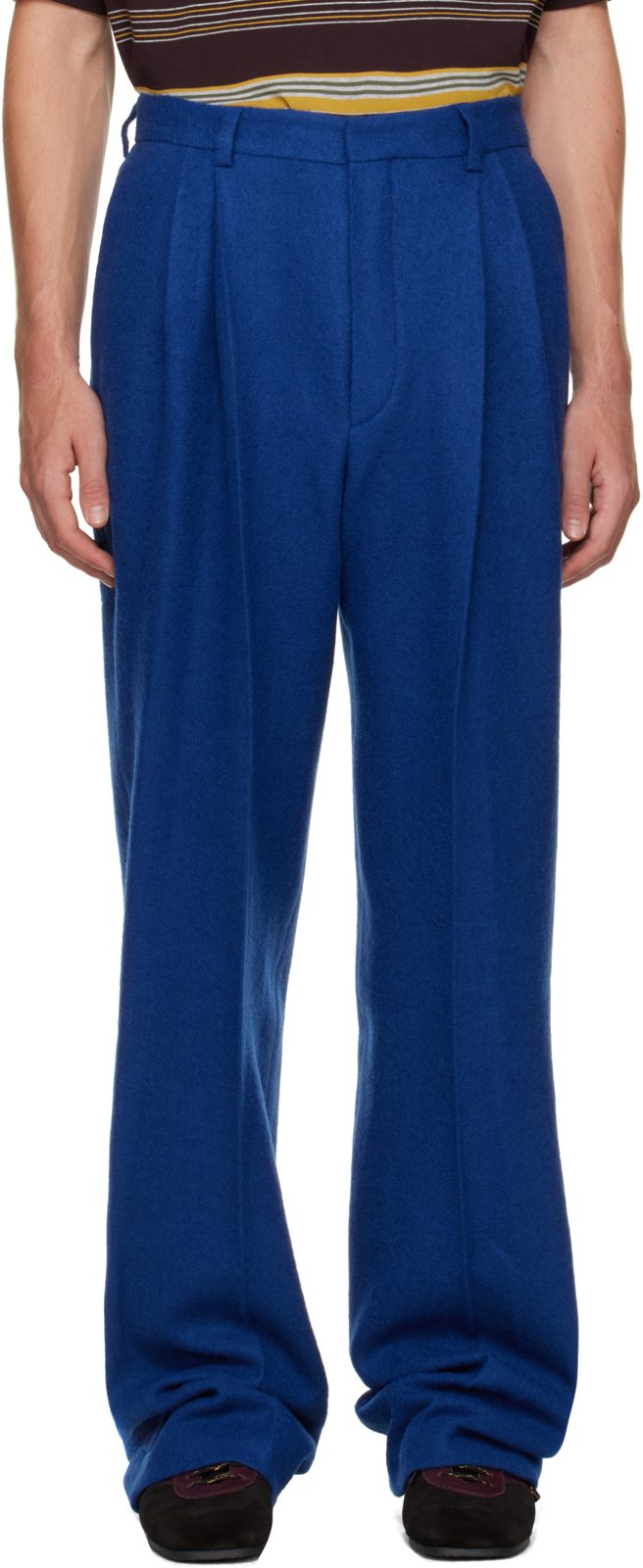 Blue Pleated Wool Trousers 262358M191023