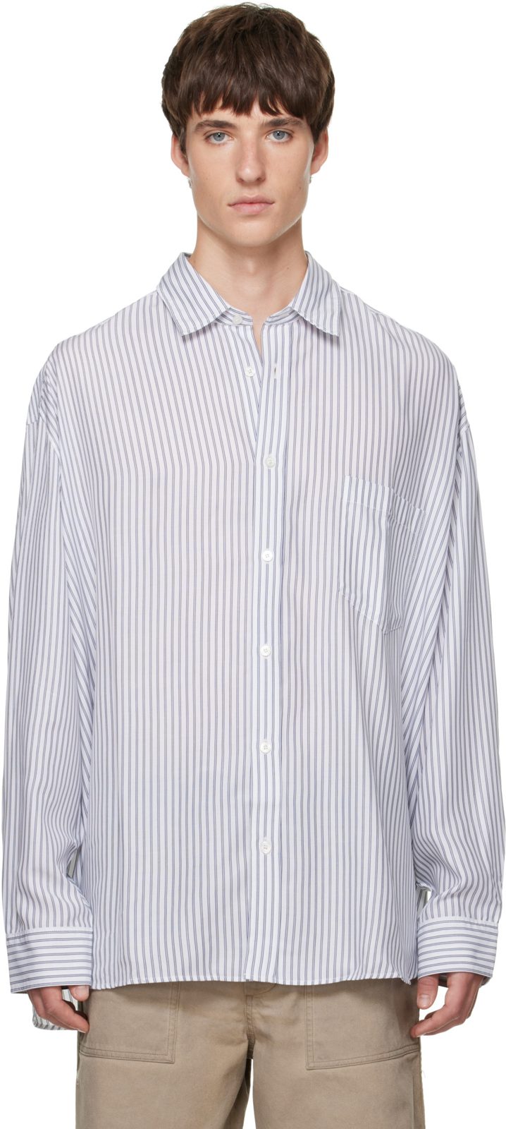 White & Navy Striped Button-Up Shirt 262129M192011