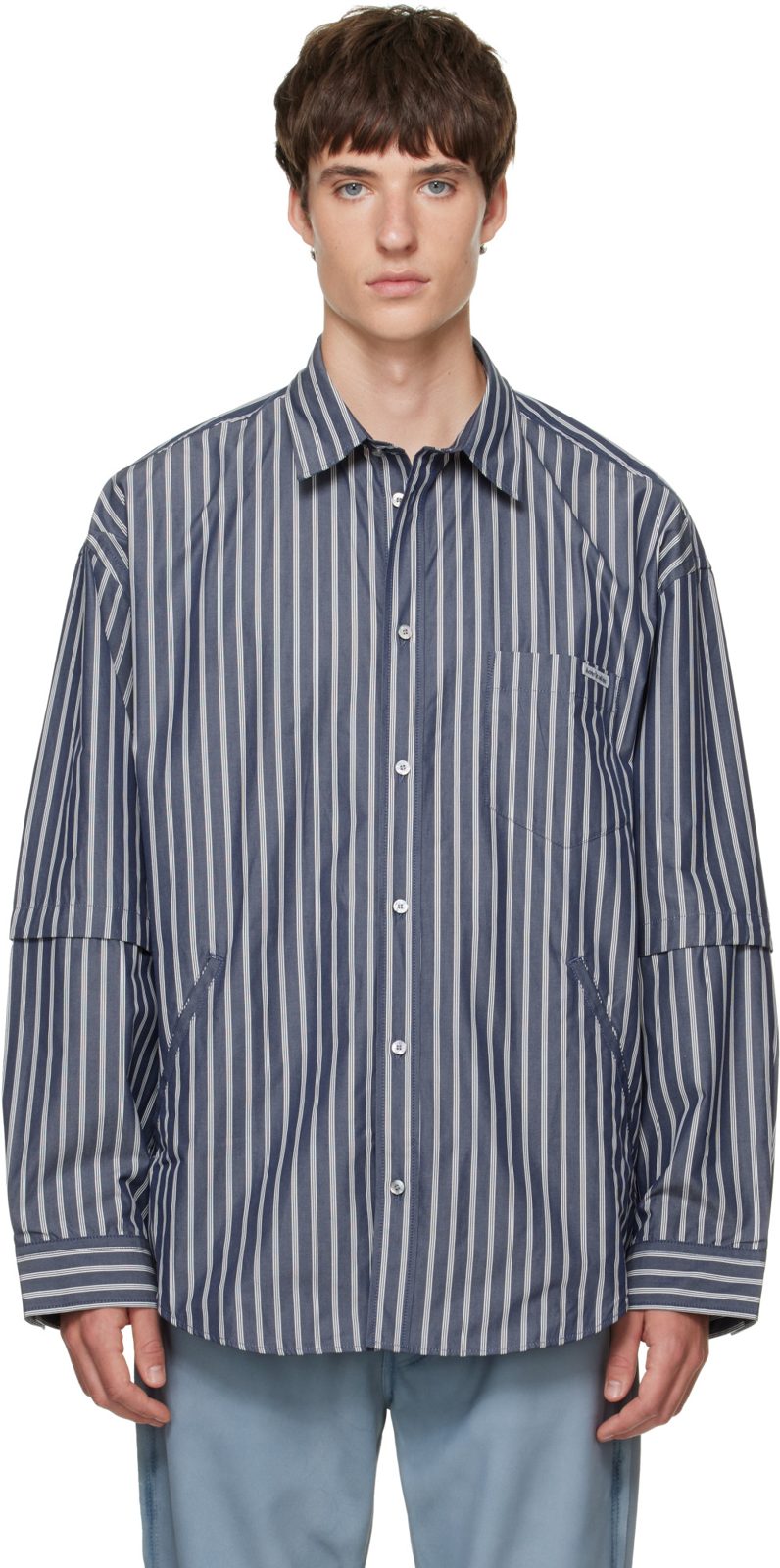 Navy & White Double-Sleeve Striped Shirt 262129M192007