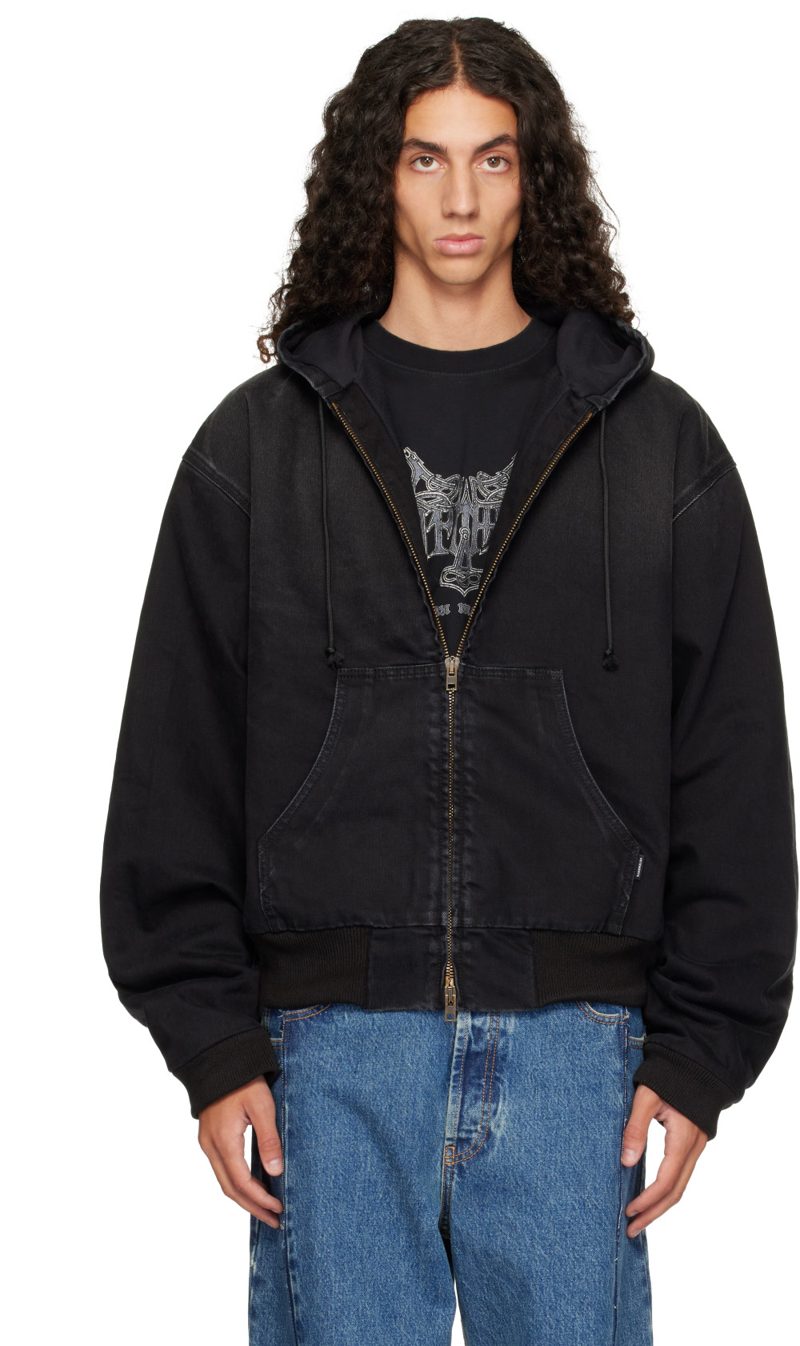 Black Denim Workwear Bomber Jacket 262669M175000