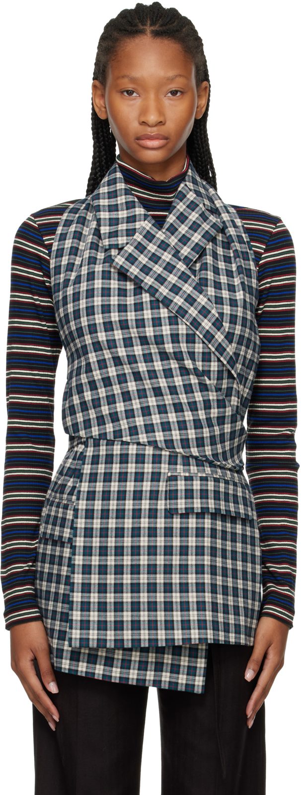 오프화이트 & Green Backless Cotton Flannel Top 262358F068006