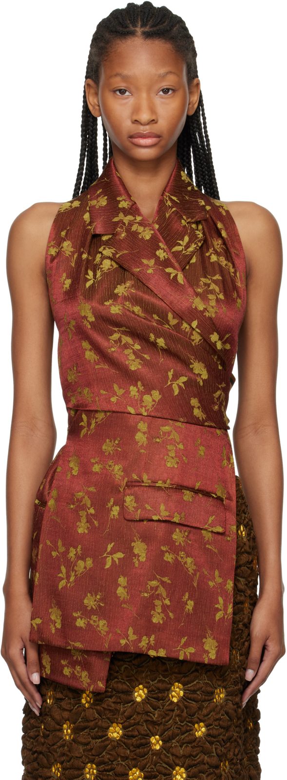 Tan Backless Jacquard Blouse 262358F068000
