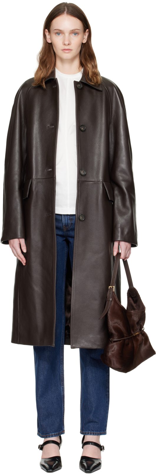 TOTEME Brown Raglan Leather Coat 262771F059009