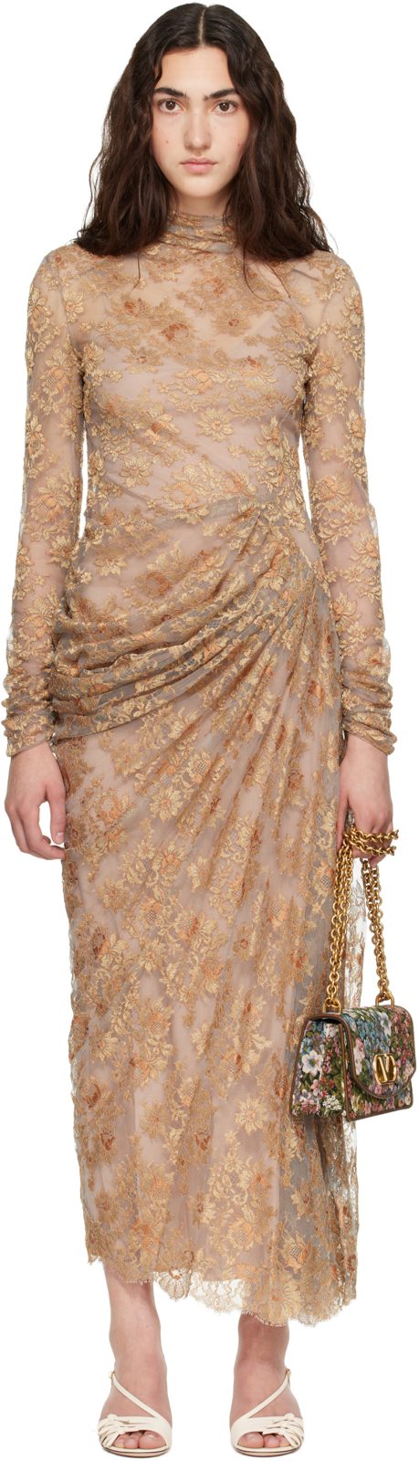 Beige Feather Lace Maxi Dress 261476F055002