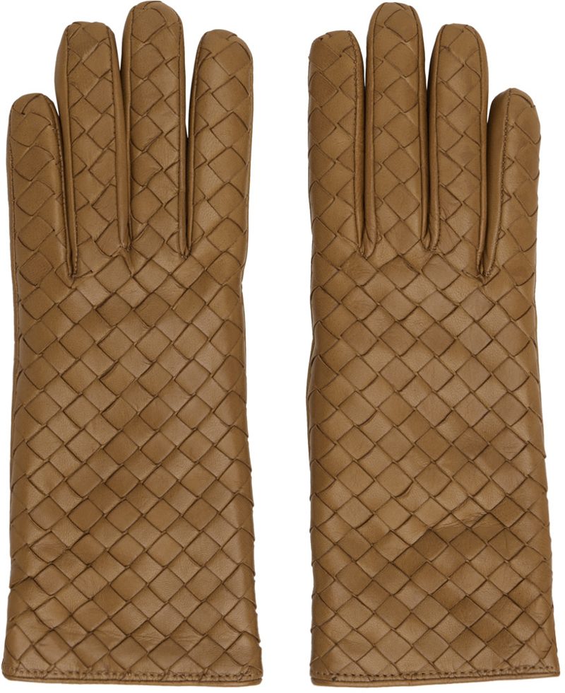 Tan Intrecciato Leather Gloves 242798F012000