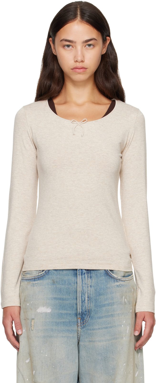 Beige Jersey Bow T-shirt 262129F110063