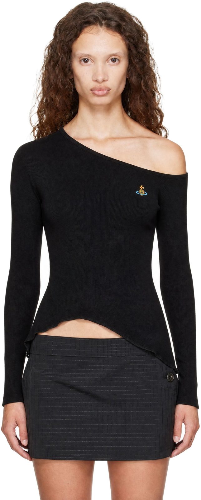 Black Long Sleeve Orgy Shoulder T-Shirt 262314F110022
