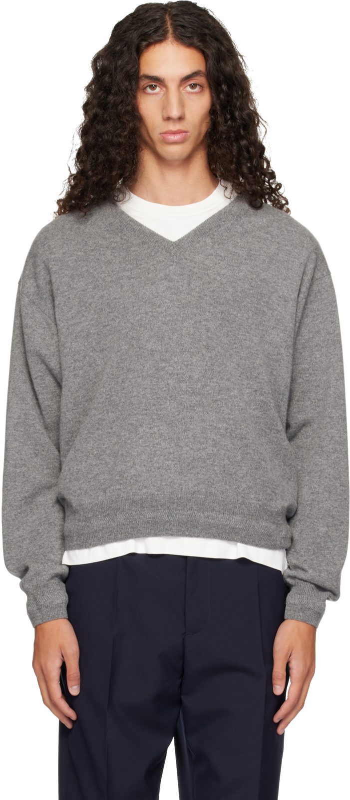 Gray LS V-Neck Sweater 262249M206001