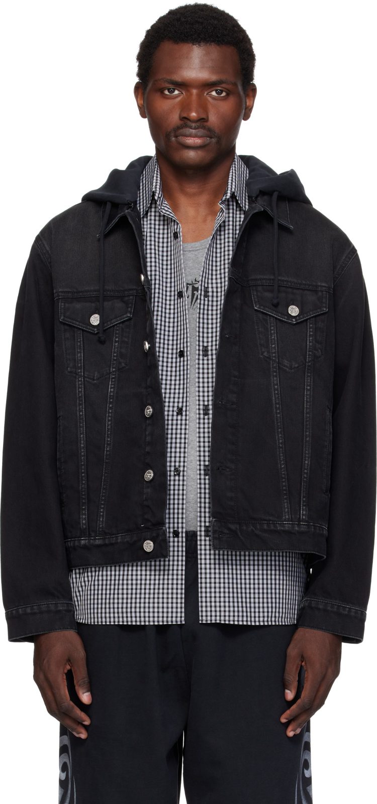Black Detachable Hood Denim Jacket 262669M177002