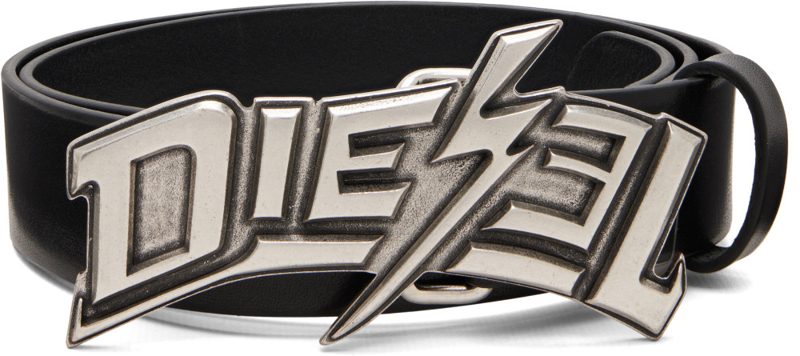 Black Lightning Bolt Buckle Leather Belt 262001M131030