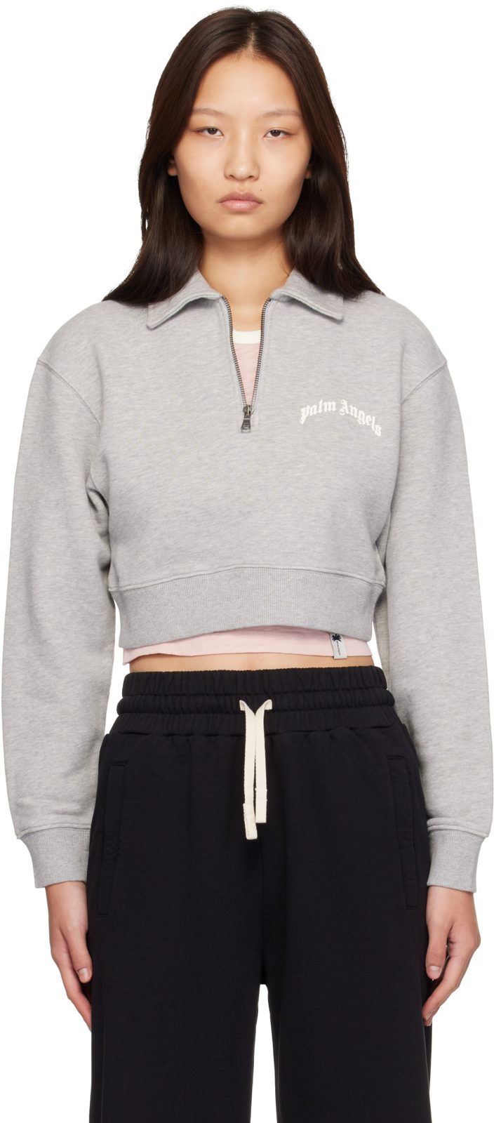 Gray Curved Logo Crop Crew Long Sleeve Polo 262695F108002